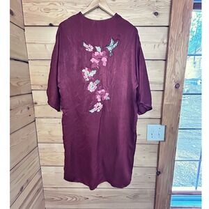 Burgundy Floral Hummingbird Embroidered Kimono Duster Robe Open Front Small